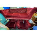 RED BUTTONED DRALON CHESTERFIELD SOFA LOUNGE SUITE