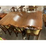 REPRODUCTION MAHOGANY TWIN PEDESTAL EXTENDING DINING TABLE AND EIGHT HEPPLEWHITE DESIGN CHAIRS