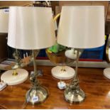 PAIR OF POLISHED BRASS TABLE LAMPS WITH CREAM SHADES