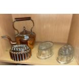 COPPER KETTLE AND RIBBED JELLY MOULD,