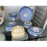 WEDGWOOD POWDER BLUE JASPER WARES INCLUDING BOXES AND COVERS, SMALL PLATE,