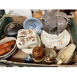 CARTON - VARIOUS POTTERY TABLEWARES, AND CARTON CONTAINING STAINLESS STEEL FLATS, SERVING TRAYS,