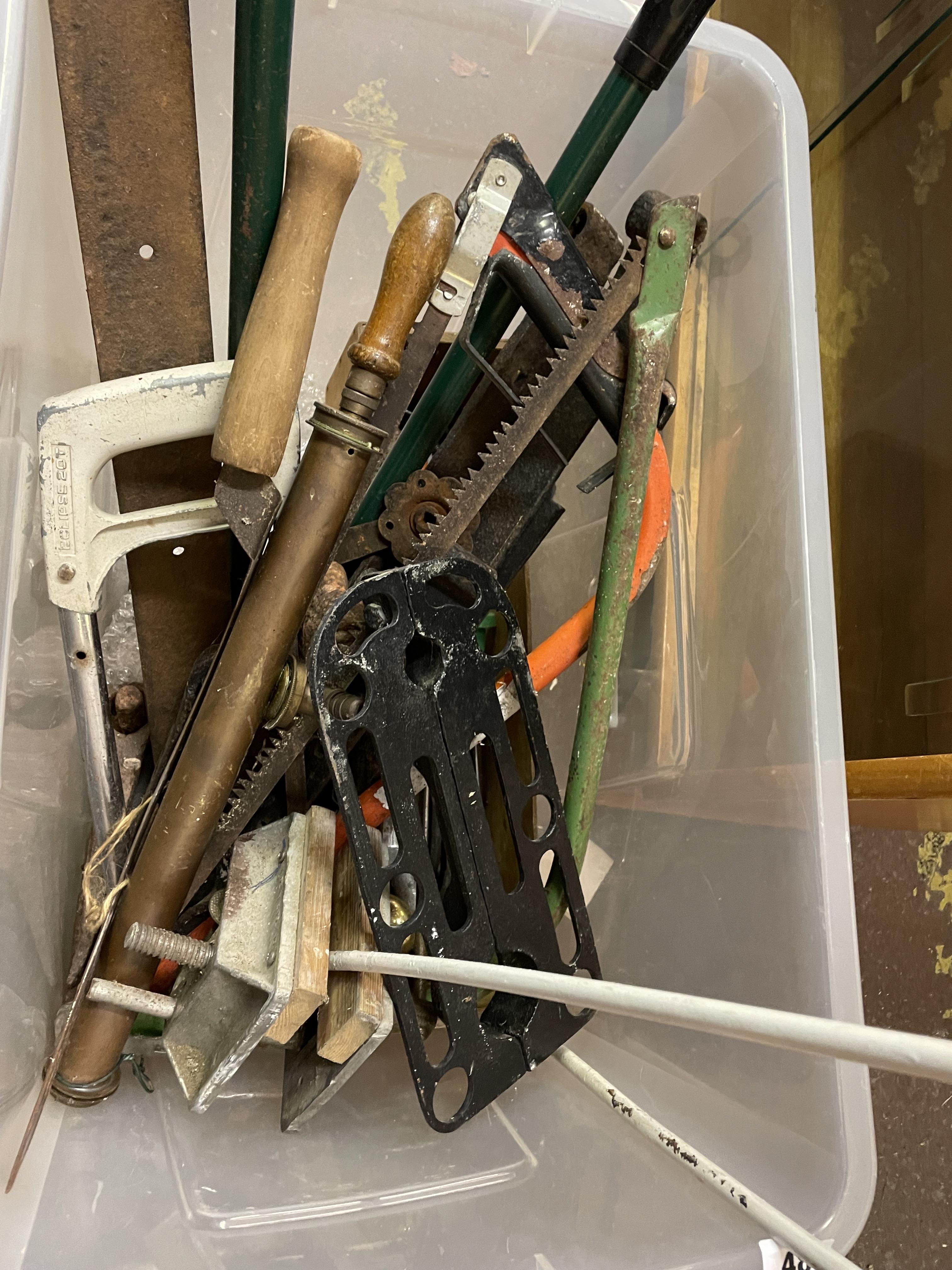 LARGE BOX OF VARIOUS TOOLS, SAWS, SCYTHE, SPANNERS,