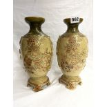 PAIR OF OVOID SATSUMA EARTHEN WARE VASES WITH PANELS OF FIGURES A/F ONE FOOT SHOWS RESTORATION