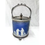 WEDGWOOD BLUE JASPER WARE CYLINDRICAL BISCUIT BARREL WITH EPNS MOUNTS