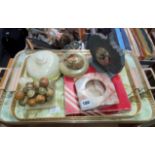 SELECTION OF ONYX ASHTRAYS, GRAPES, EGG, SLATE BAROMETER,