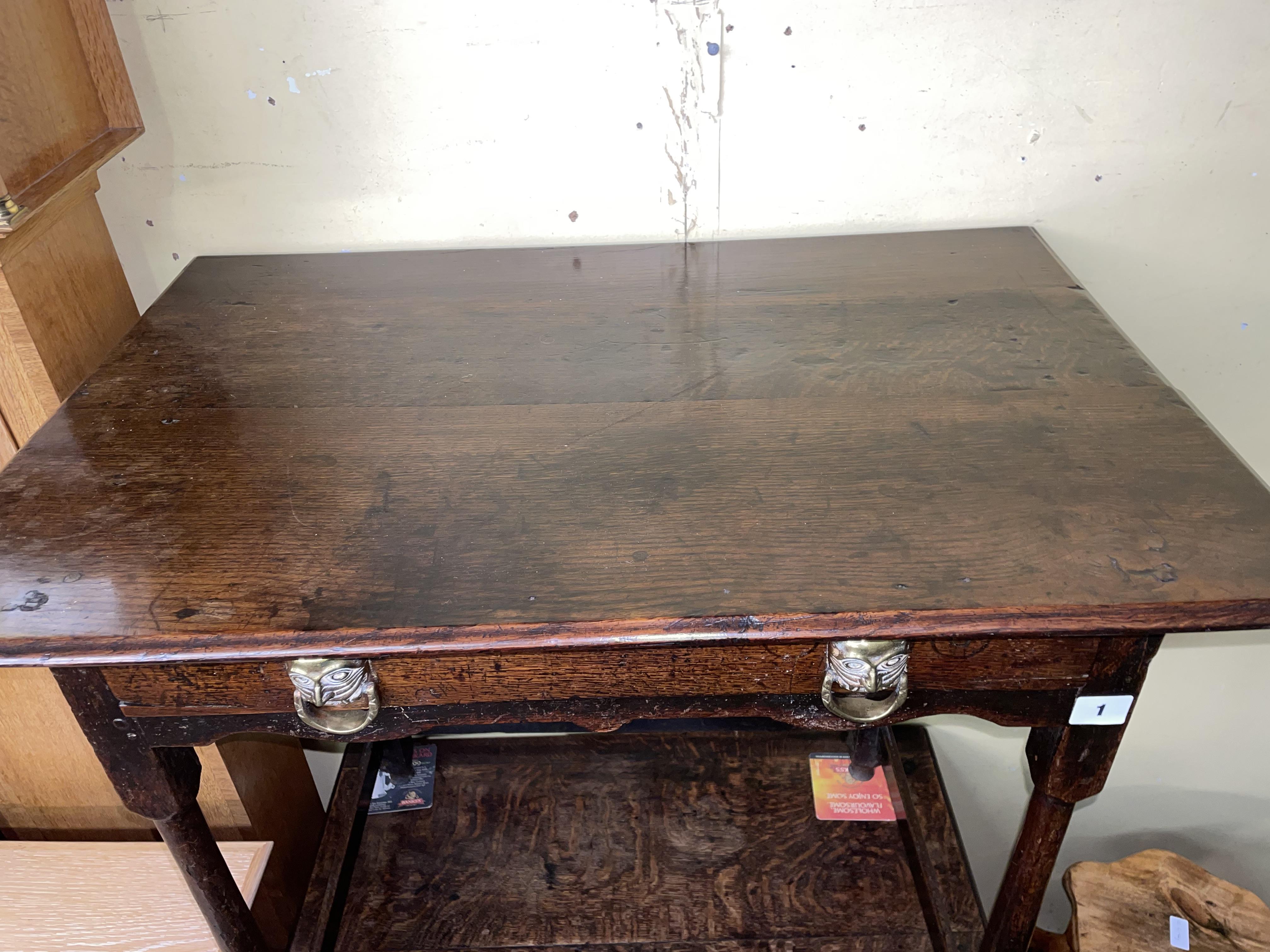 CHARLES II OAK SIDE TABLE WITH SHALLOW FRIEZE DRAWER HAVING REPLACED BRASS IMP FACE MASK HANDLES - Image 2 of 4