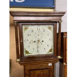 RECONDITIONED OAK CROSSBANDED LONG CASE CLOCK WITH PAINTED ENAMEL DIAL SUBSIDIARY DIAL AND APERTURE