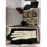 BOX CONTAINING PAIR OF LADIES BLACK SILK STOCKINGS AND PAIR OF WHITE GLOVES,