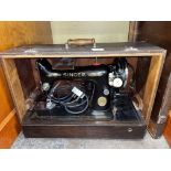 CASED SINGER SEWING MACHINE WITH TREADLE PEDAL