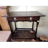 CHARLES II OAK SIDE TABLE WITH SHALLOW FRIEZE DRAWER HAVING REPLACED BRASS IMP FACE MASK HANDLES