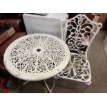 WHITE PAINTED CAST METAL CIRCULAR TABLE AND CHAIR