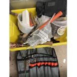 BOX OF ASSORTED TOOLS AND IRONMONGERY, HAMMERS, DRILL BITS,