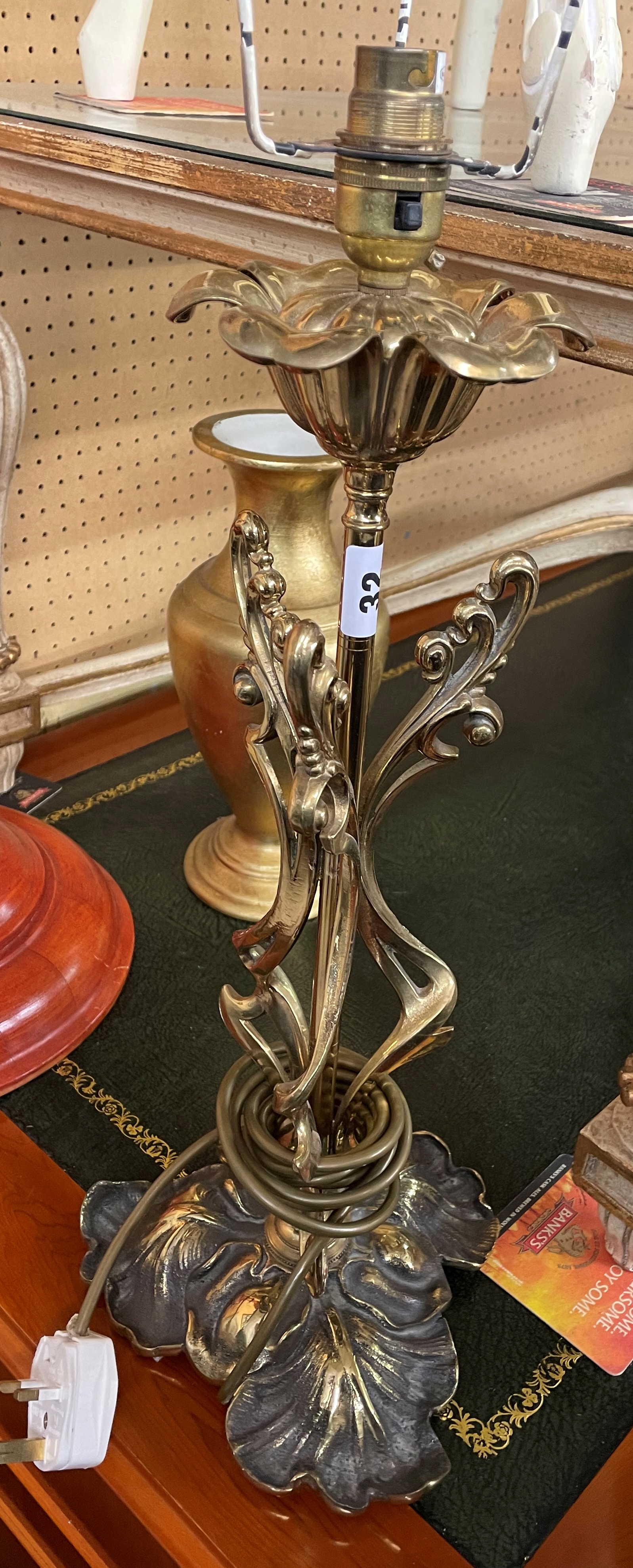 HEAVY BRASS ART NOUVEAU INSPIRED TABLE LAMP AND SHADE