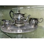 EPNS THREE PIECE TEA SERVICE AND A GALLERY TRAY