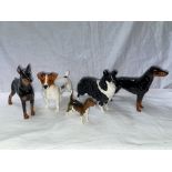 BESWICK DOG FIGURES - BORDER COLLIE, JACK RUSSELL TERRIER, DOBERMAN, BEAGLE AND A DOULTON C.