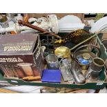 BOX - VARIOUS METAL WARES INCLUDING PRESERVE PAN, PEWTER TANKARD, BRASS SKIMMERS, AND LADLE,