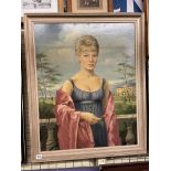 LAWRENCE KLONARIS OILS ON BOARD OF A HALF LENGTH PORTRAIT OF A FEMALE BEFORE A BALUSTRADE IN A