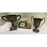 SILVER PICTURE FRAME AND TWO SMALL SILVER SPORTING TROPHIES