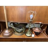 COPPER KETTLE, DOLLY POSHER, BRASS COAL BUCKET AND TONGS,