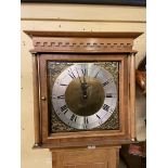 SMALL COTTAGE STYLE LONG CASE CLOCK IN A CONTEMPORARY OAK CROSS BANDED CASE WITH SQUARE DIAL SIGNED