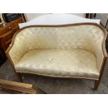 GOOD QUALITY LATE VICTORIAN MAHOGANY FRAMED SOFA UPHOLSTERED IN GOLD FLORAL BROCADE (BIT OF WEAR TO