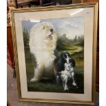 DON MEAKS OIL ON CANVAS OF A SHEEP DOG AND SPANIEL IN A LAND SCAPE FRAMED AND GLAZED 80CM X 95CM