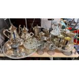 TWO TRAYS OF EPNS TEA AND COFFEE SERVICE, ROSE BOWL, CANDLE HOLDERS, GOBLETS,