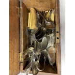 SMALL OAK BOX CONTAINING MAINLY PLATED FLATWARE