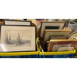 TWO CRATES OF VARIOUS ANTIQUARIAN TINTED PRINTS AND ETCHINGS OF ECCLESIASTICAL BUILDINGS,