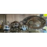 EP ON COPPER REGENCY STYLE THREE PIECE TEA SERVICE AND OVAL BREAD BASKET