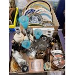BOX CONTAINING PAIR OF TABLE LAMPS, CANDLE HOLDERS, POTTERY HORSE FIGURES,