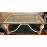 CREAM AND GILDED GLASS INSET COFFEE TABLE ON RIBBED TAPERED LEGS WITH CROSS STRETCHERS