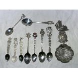 BAG CONTAINING DUTCH WHITE METAL SIFTER SPOON AND OTHER VARIOUS TEA SPOONS