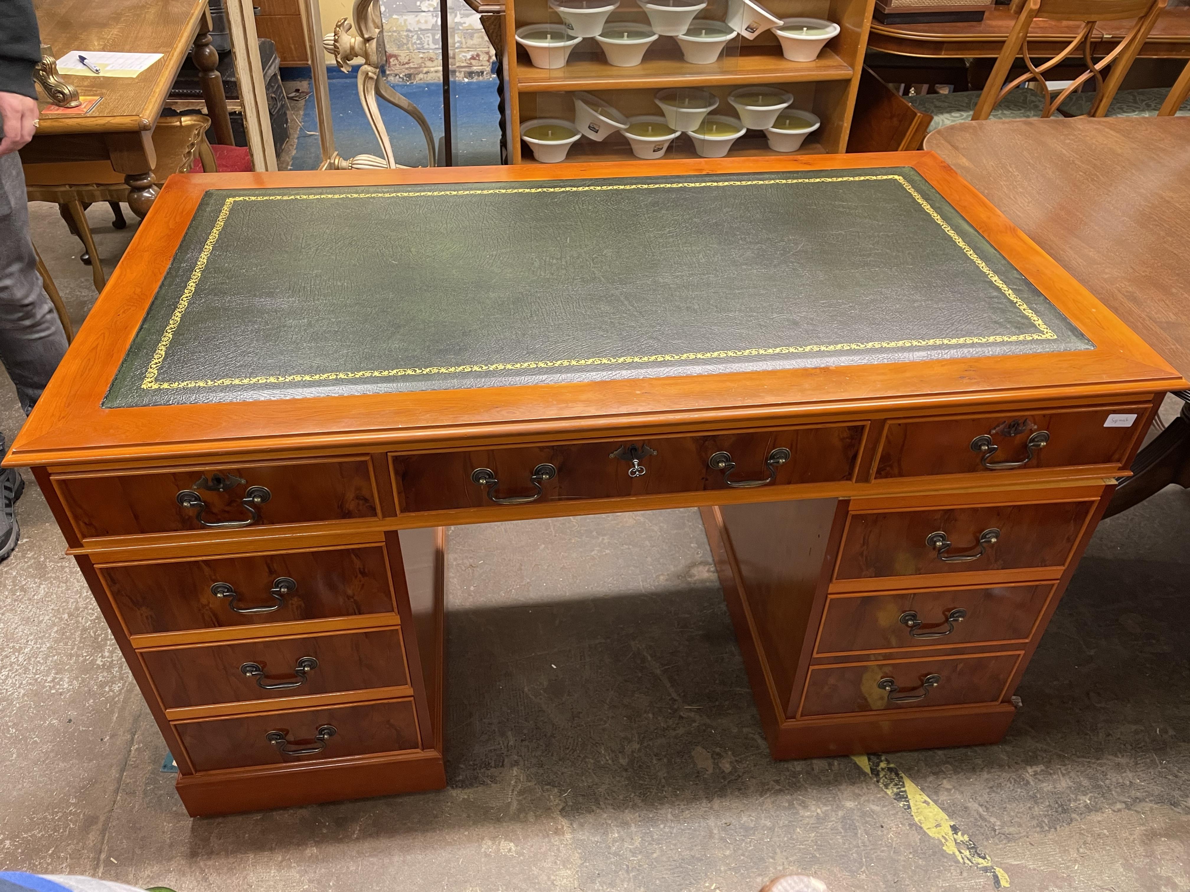 YEW KNEEHOLE DESK WITH GREEN GILDED TOOLED LEATHER SCIVER