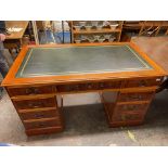 YEW KNEEHOLE DESK WITH GREEN GILDED TOOLED LEATHER SCIVER