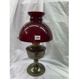 OIL LAMP WITH MAROON GLASS SHADE