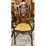 EDWARDIAN BEECH UPHOLSTERED AND CARVED SHIELD BACK CHAIR