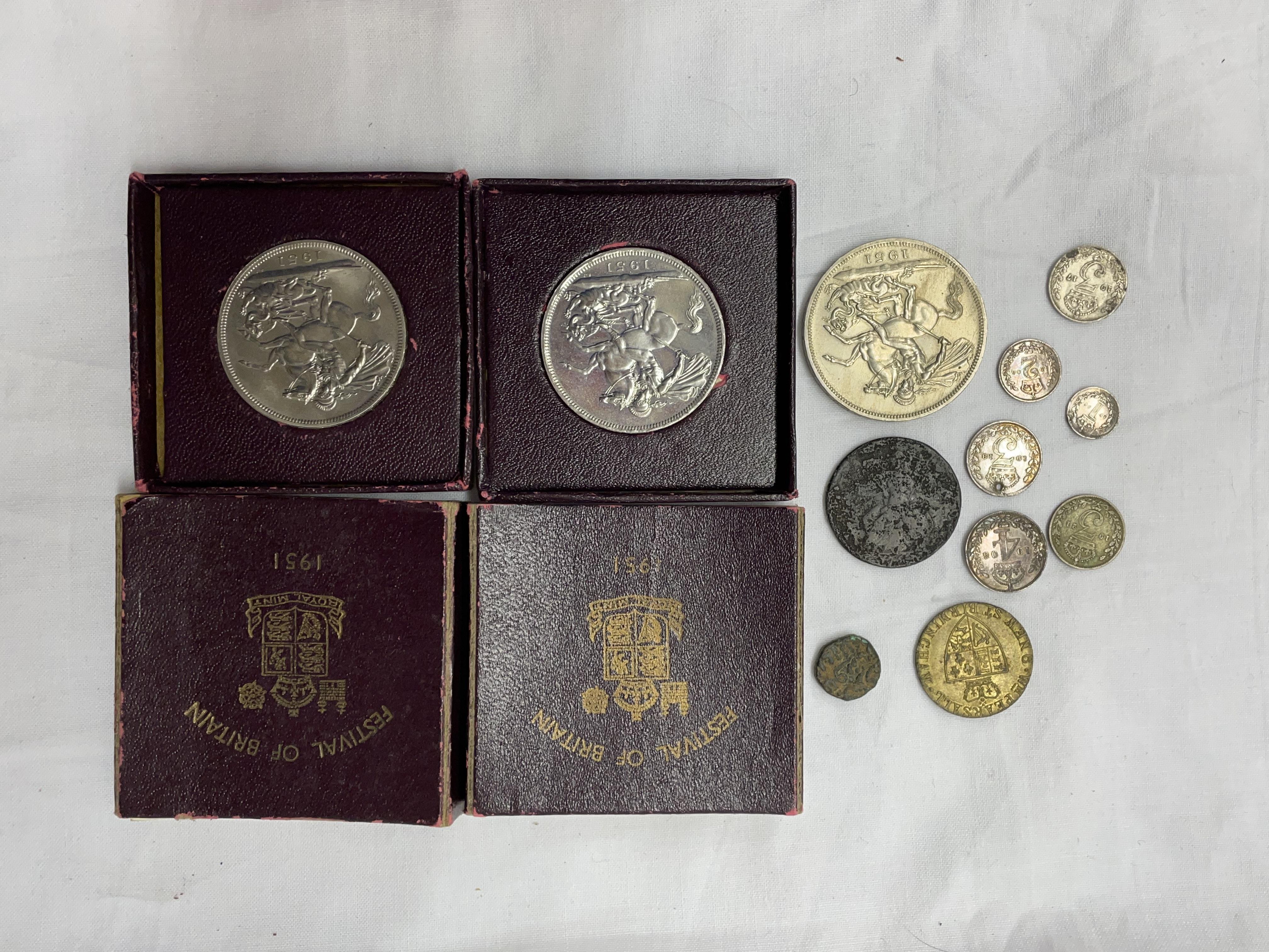 TWO 1951 FESTIVAL OF BRITAIN CROWNS AND ONE UNBOXED EXAMPLE,