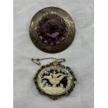 SILVER SCOTTISH DESIGNED AMETHYST STONE TARGE BROOCH AND A VICTORIAN PINCHBECK PLINY DOVES OVAL