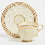 Grainger & Co. Worcester 'Jeweled' and Reticulated Cup and Saucer, c.1892, saucer diameter 5.7 in —