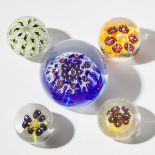 Virginia Wilson Toccalino (Canadian), Five Glass Paperweights, c.1997, largest diameter 3.7 in — 9.3