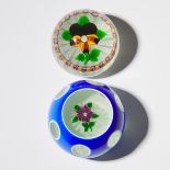 John Deacons (Scottish, b. 1950), Double Overlay and Pansy Glass Paperweights, 1998, largest diamete