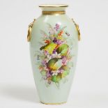 Worcester Eau de Nil Ground Floral Painted Two-Handled Vase, 1882, height 9.8 in — 25 cm