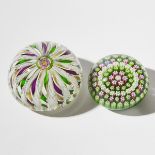 Two Parabelle Crown and Concentric Millefiori Glass Paperweights, 1990s, diameter 2.9 in — 7.3 cm;