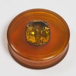 Citrine Mounted Blond Tortoiseshell Snuff Box, c.1800, diameter 2.8 in — 7.2 cm