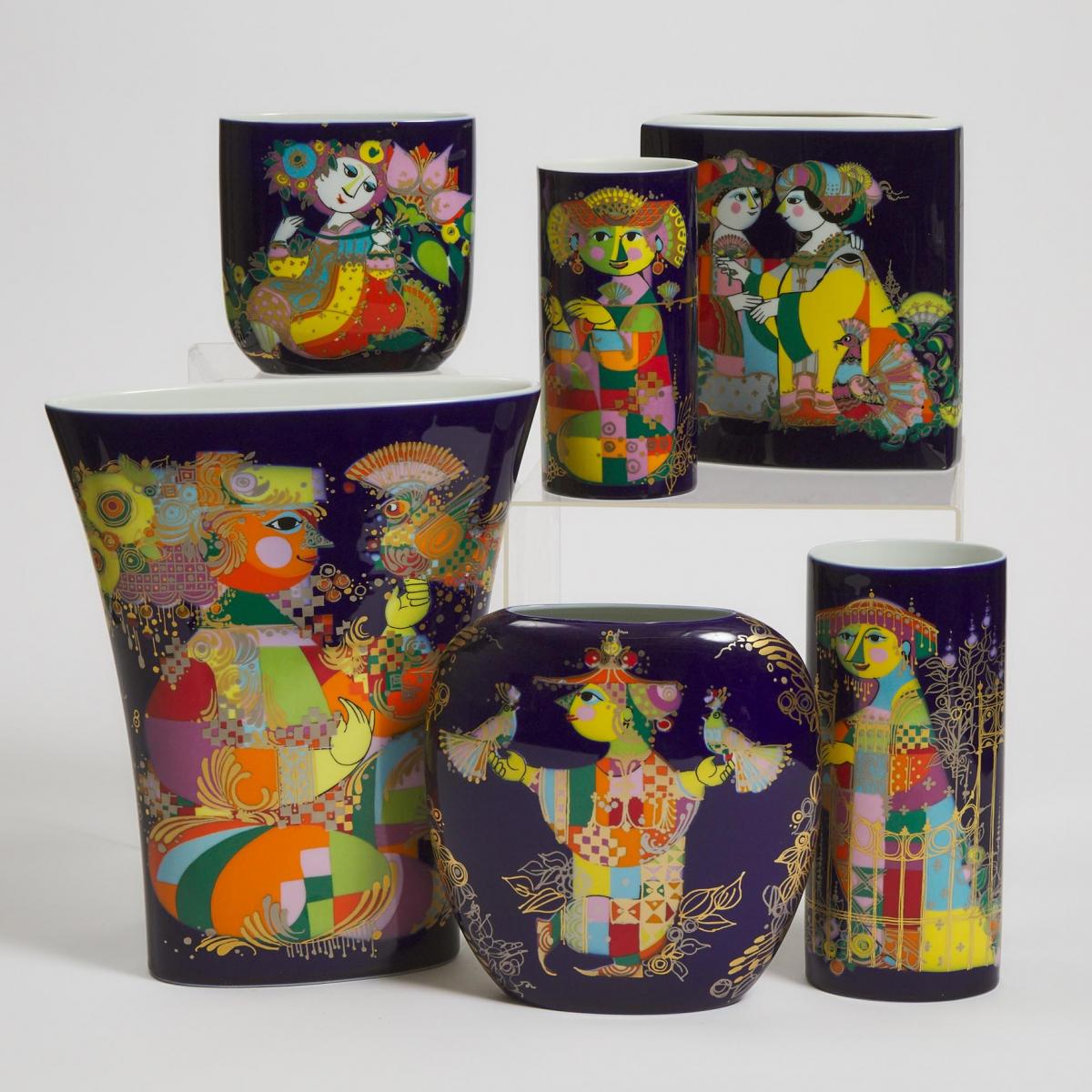 Six Various Rosenthal Vases, Bjorn Wiinblad, late 20th century, largest height 12.8 in — 32.5 cm (6