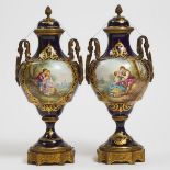 Pair of Gilt-Bronze Mounted 'Sèvres' Vases and Covers, c.1900, height 17.7 in — 45 cm (2 Pieces)