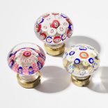 Three Bohemian Concentric Millefiori Glass Door Knobs, early 20th century, approx. diameter 2 in — 5