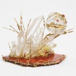 Italian Gold Mounted Rock Crystal and Red Jasper Table Ornament, late 20th century, 5 x 7 x 3.5 in —